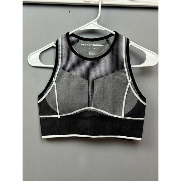 DKNY Sport Bra Womens Small Black Gray White Seamless Crop Top Logo Athletic Gym - Picture 1 of 6